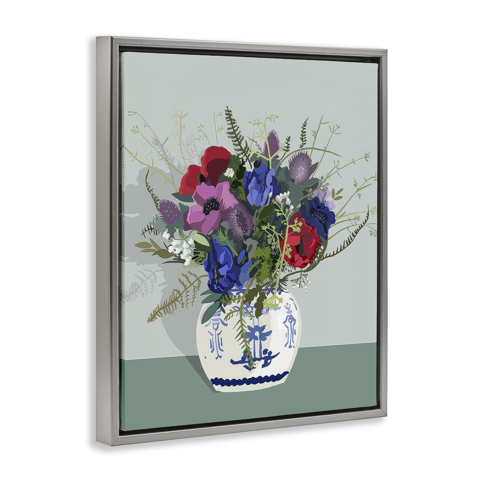 Stupell Industries Ginger Jar & Anemones Plants & Flowers Painting Gray Floater Framed Canvas Art Print Wall Art, 25 x 31