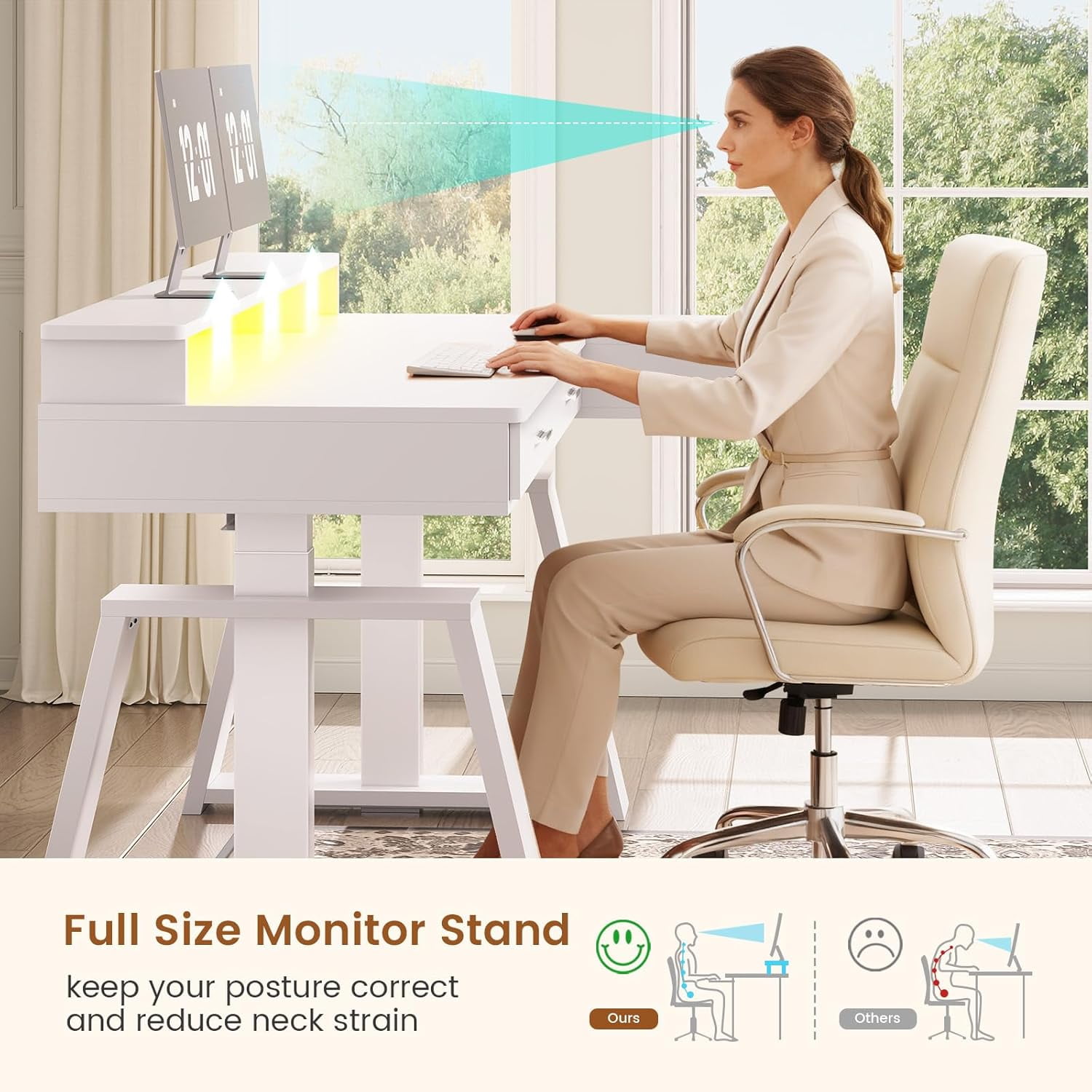 Modern Standing Desk with Drawers, Height Adjustable Computer Desk with Power Outlets, LED Lights & Monitor Stand, Stand Up Corner Gaming Desk, Home Office Desk with Storage, White