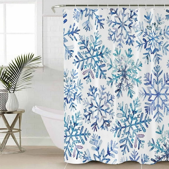 Blue Snowflake Christmas Bathroom Curtain 78 Inch Shower Curtain with Hooks, Xmas Winter Snowflake Waterproof Polyester Bath Curtain Washable Bathtub Curtain 54''x 78''