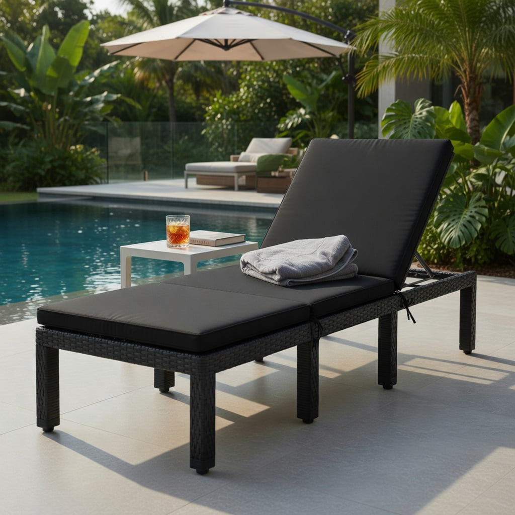 Hommoo Height-Adjustable Outdoor Rattan Lounge Chair with Dual Cushion Covers, PE Wicker Patio Recliner for Poolside, Garden & Porch, Black & Turquoise