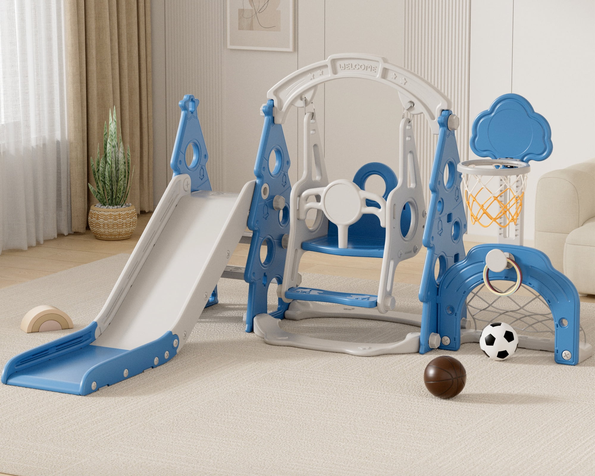 XJD 6-in-1 Toddler Slide and Swing Set, Kids Indoor Outdoor Playset with Basketball Hoop, Backyard Playground for Toddlers 1-3 Years Old, Blue