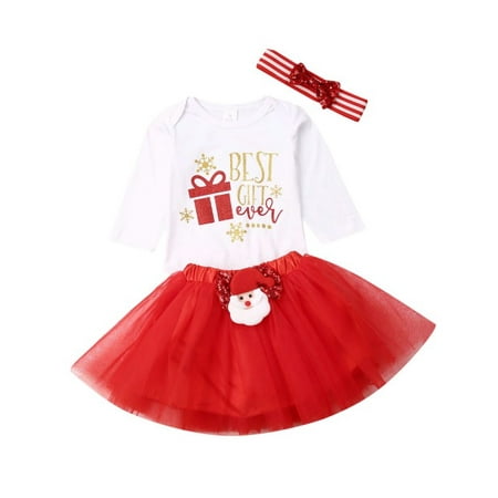 Newborn Infant Baby Girl Christmas Best Gift Outfit Set Long Sleeve Bodysuit Romper Tutu Dress with Santa Claus
