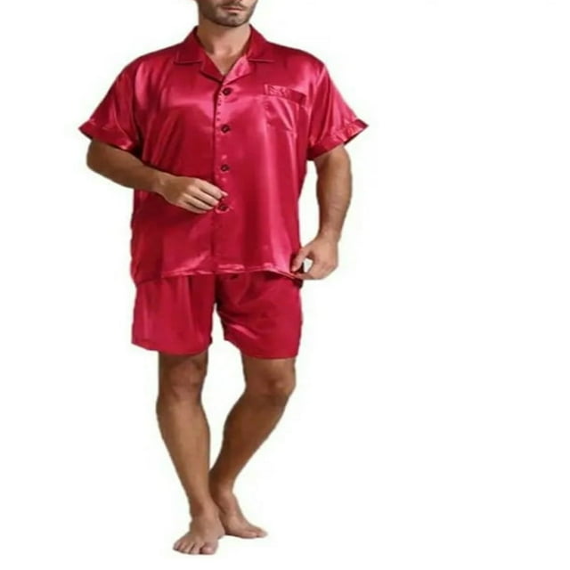 MesaSe Men Summer Pajamas Set Solid Color Short Sleeve Button Top+Short Pants Sleepwear Suit White XL