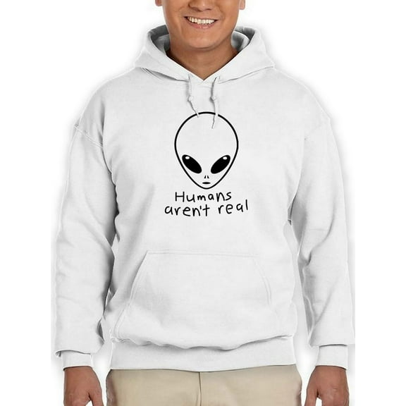 Smartprints Mens Graphic Hoodie White - Humans Aren't Real Cotton Blend Classic Fit