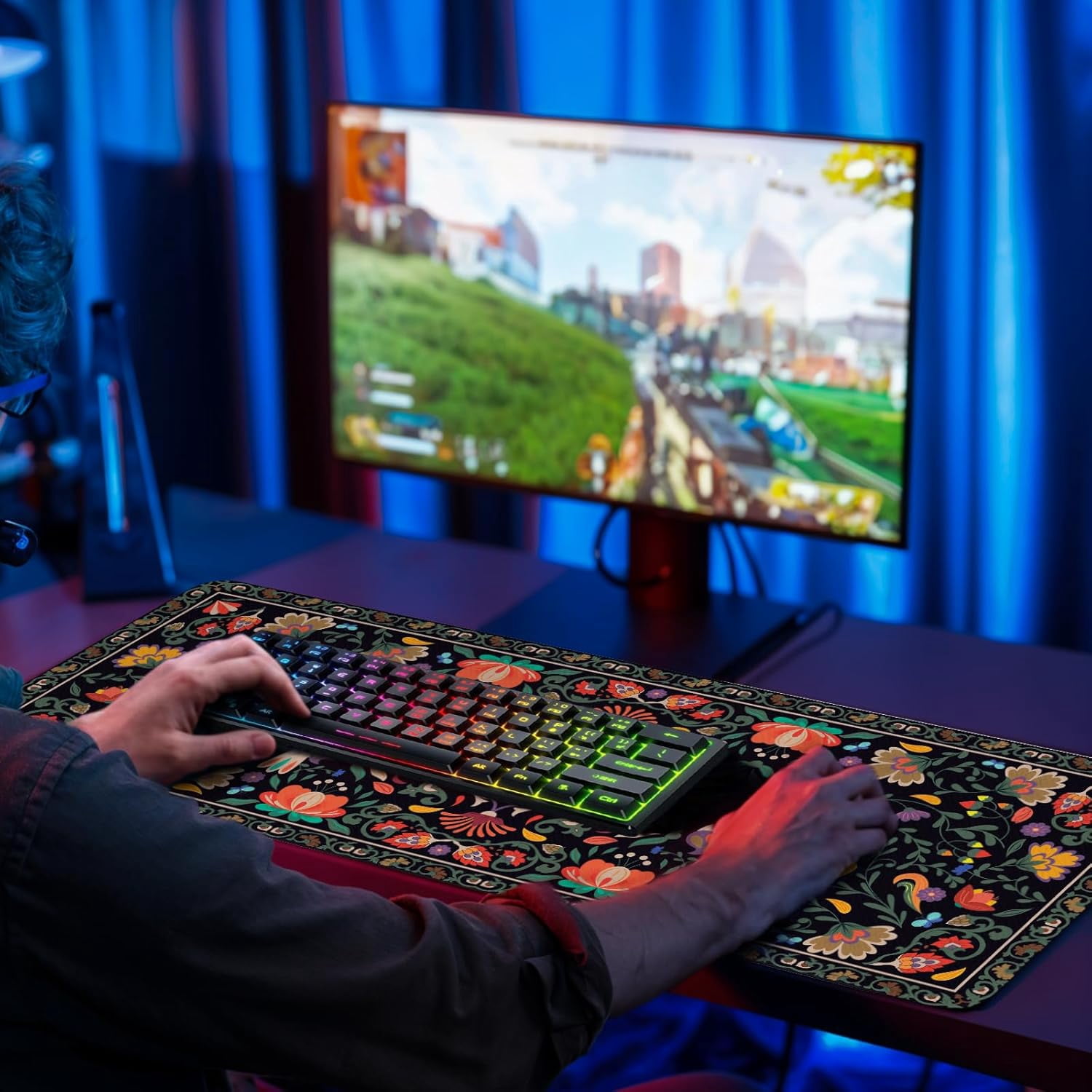 Vintage Flower Gaming Mouse Pad, Large Computer Keyboard RetroFloral Mousepad, Mouse Mat Big Non-Slip Base Stitched Edges, Desktop Mat Decor for Home Office 15.7”x 35.4” XXL Gift for Christmas
