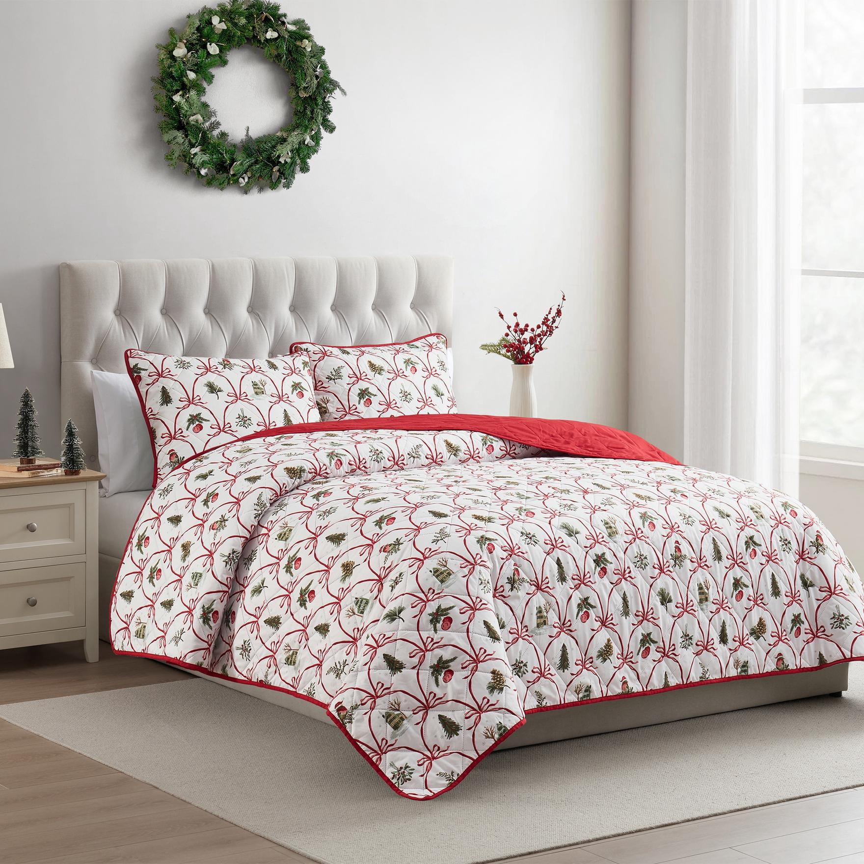 VCNY Home Multi Christmas Bow 3-Piece Adult Microfiber Quilt Set, Full/Queen