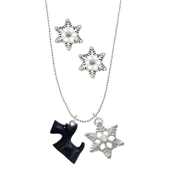 Delight Jewelry Resin Black Scottie Dog Silver tone Snowflake Charm Necklace and Stud Earrings