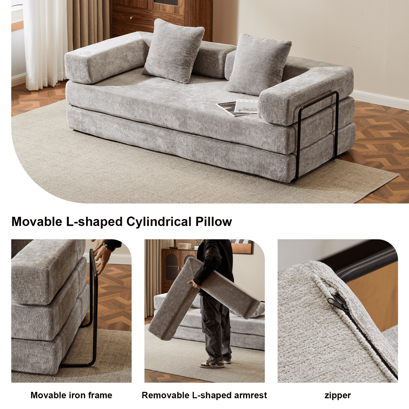 Convertible Sleeper Sofa Bed with Pillows, Chenille Folding Mattress Couch with Fixed-Shape Frame, Floor Sofa Bed Couch for Living Room Bedroom Lounge,Light Gray+Chenille