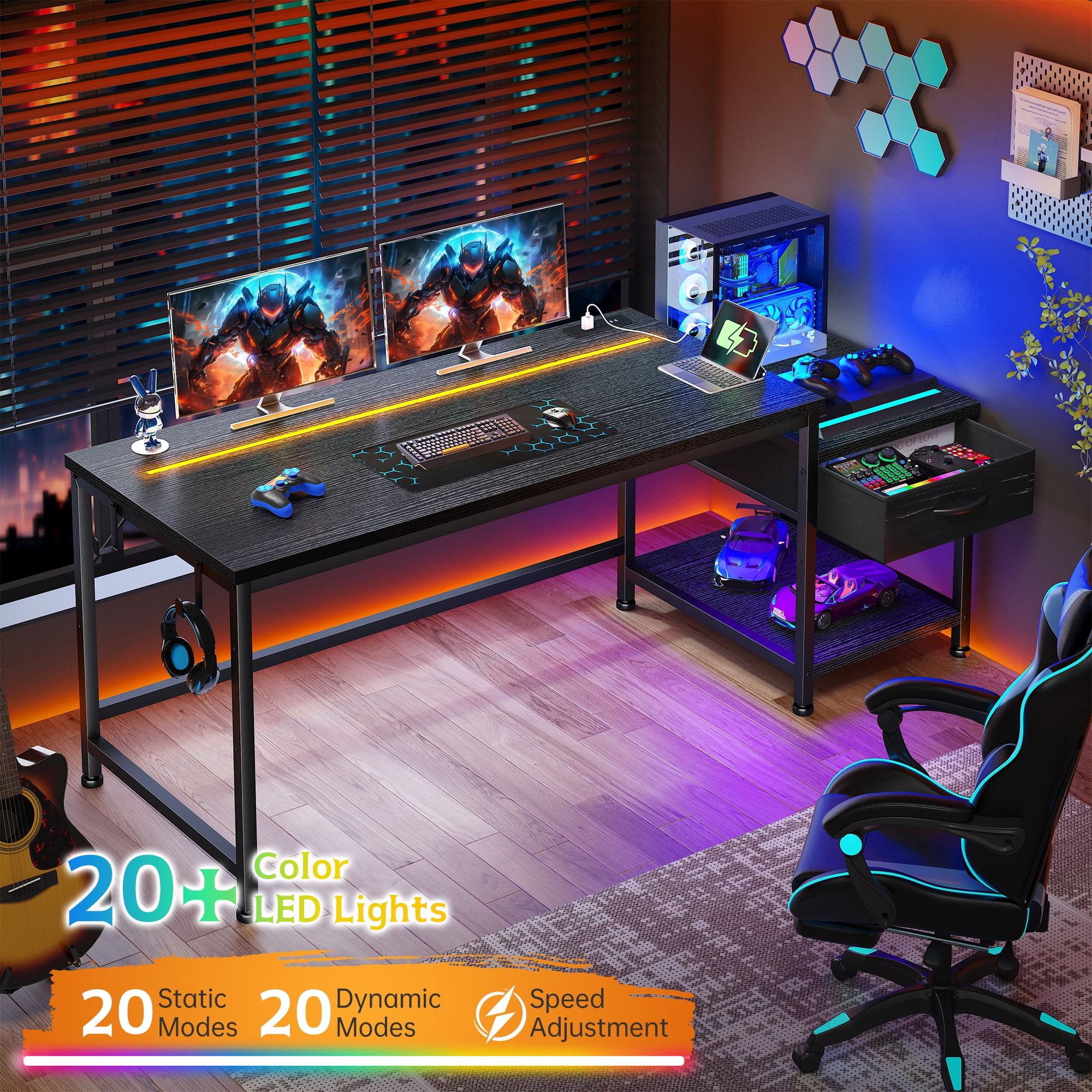 Romorgniz 48"W Gaming Desk with LED Lights & Power Outlets, Computer Desk with Fabric Drawer & Printer Shelf, Small Space Desk for Home Office, Dorm, Bedroom, Black