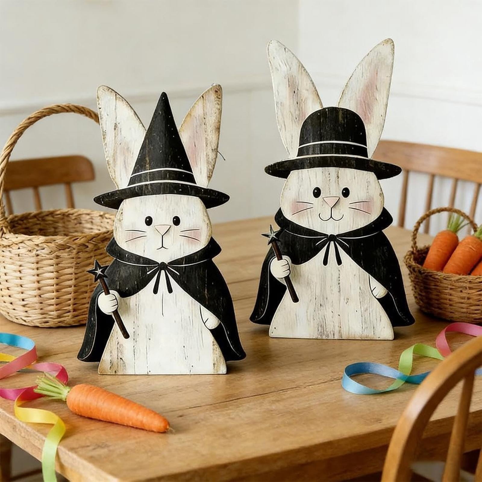 ERTZAE Wooden Bunny Decor,Farmhouse Bunny Decor,Rabbit Figurines Bunny Table Centerpiece,Bunny Home Decor,Set of 2 Wooden Easter Bunny Figures 7Inch,Whimsical Couple Ornaments for Table Centerpiece