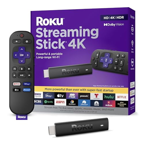 Roku Streaming Stick 4K | Portable Roku Streaming Device 4K/HDR/Dolby Vision with Voice Remote, Free & Live TV