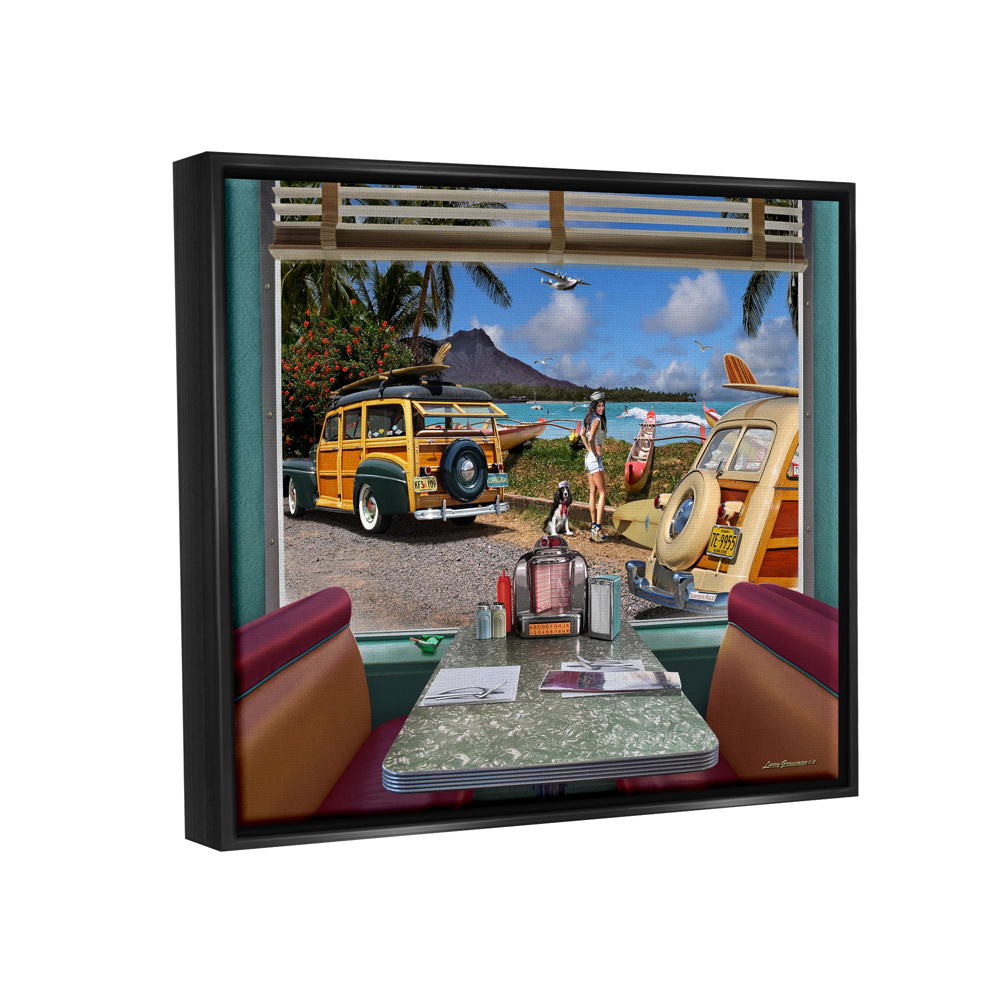 Stupell Industries Vintage Diner Beach View Transportation Painting Black Floater Framed Canvas Art Print Wall Art, 21 x 17