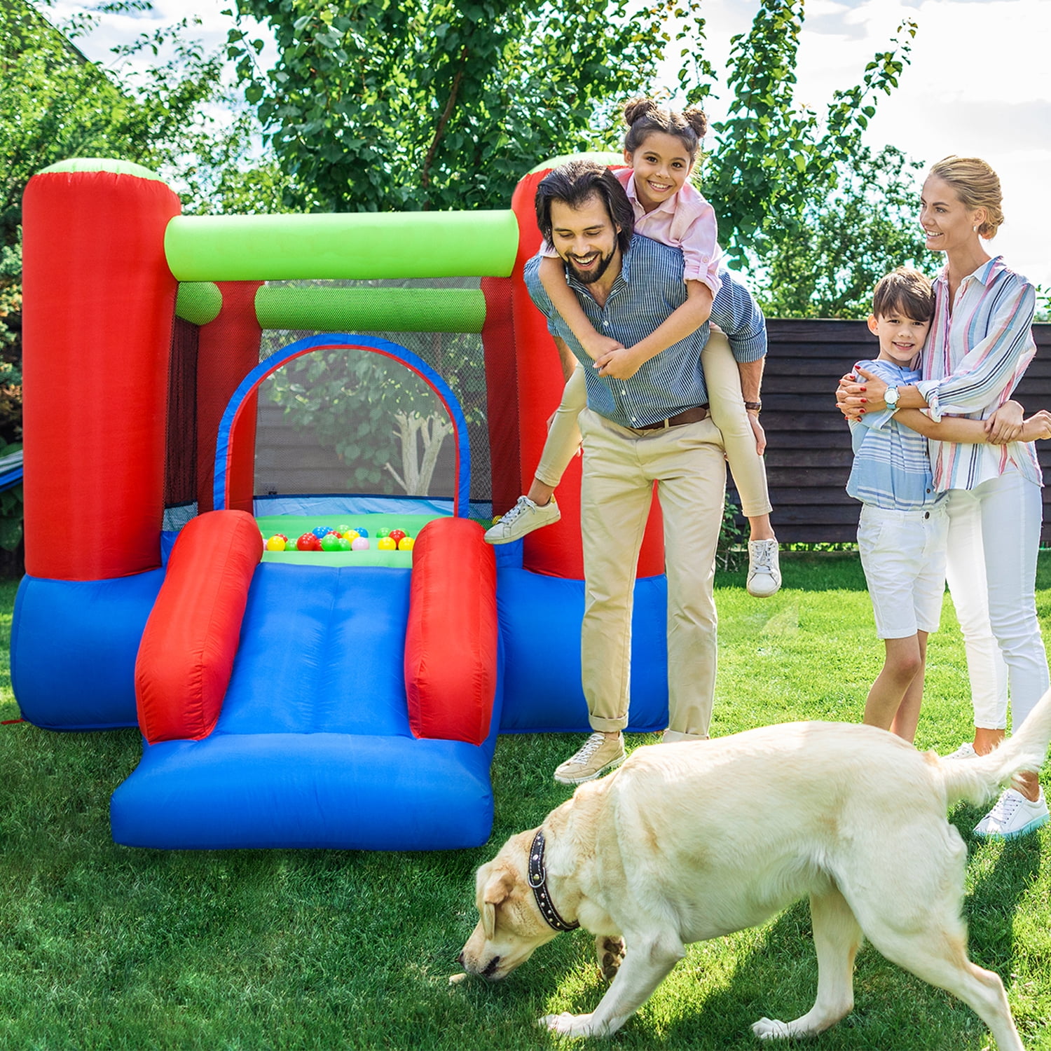 PICASSO-TILES Outdoor Inflatable Bouncer, Bouncing House, Jump & Slide Playhouse with 50 Pit Balls, 3 Sides Mesh Protection with Heavy Duty GFCI ETL Certified 385W Blower