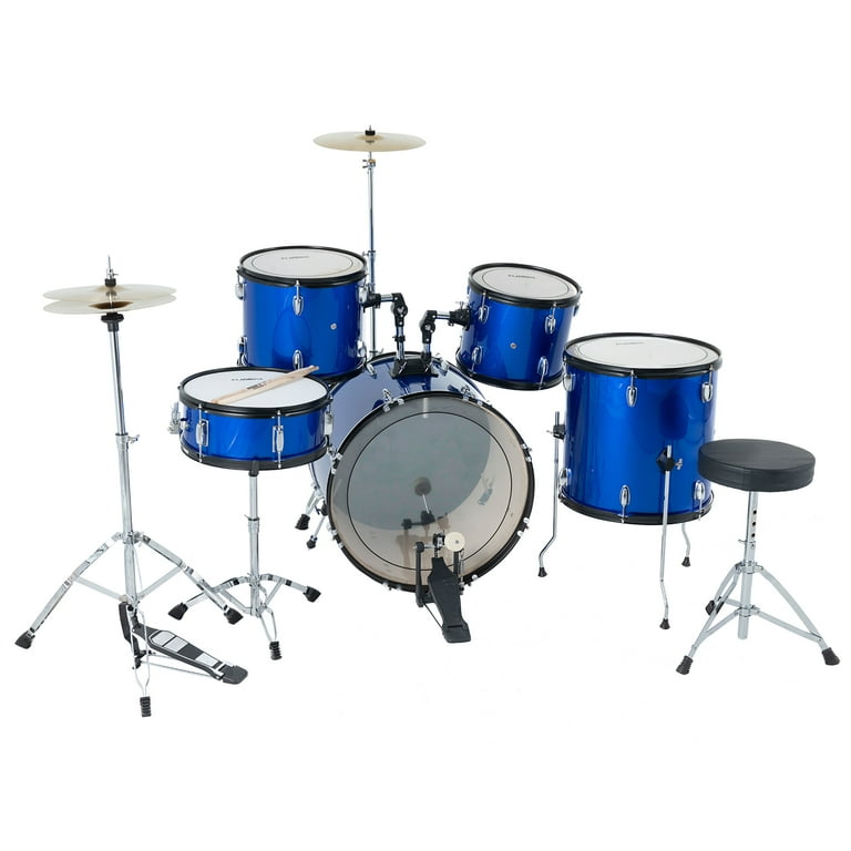 LAGRIMA Full Size Complete Adult 5 Piece Drum Set with Adjustable Throne Stainless Steel Cymbals Pedal 2 Drumsticks Double Layer Oil Skins