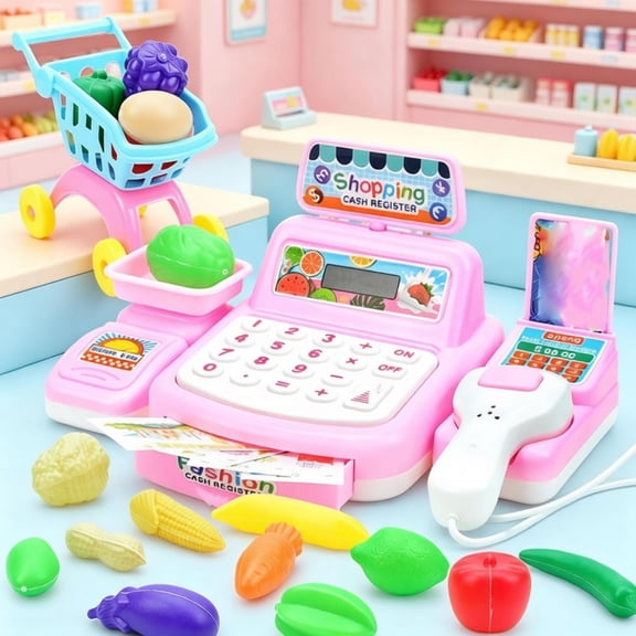 Kids Pretend Cash Register Toy Set, Supermarket Grocery Store Playset with Shopping Cart Play Food Fruits Vegetables, Pretend Store Role Play Toys for Toddlers Girls Boys Birthday Holiday Gifts