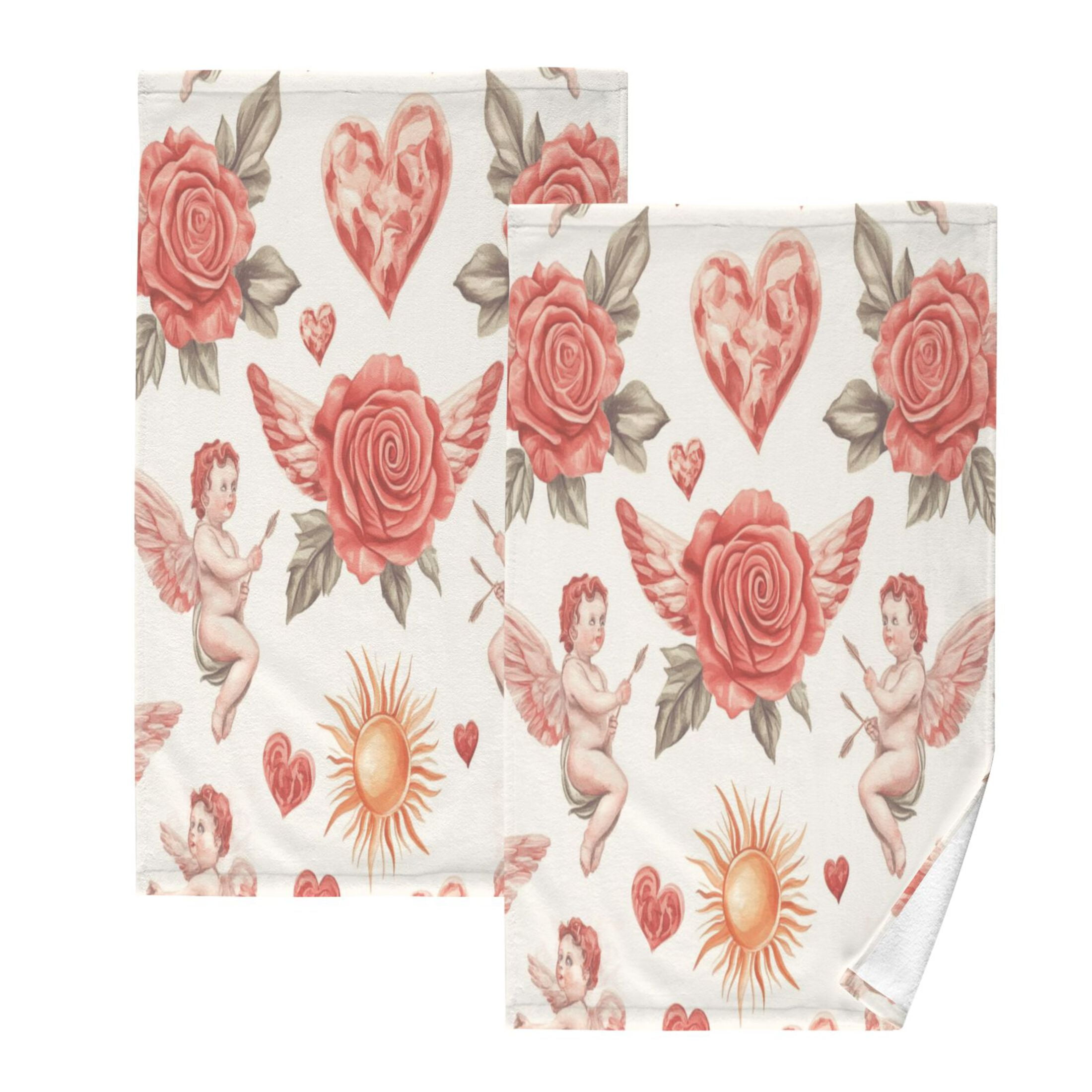 2 Pcs Absorbent Face Towel Bath Hand Towels Soft Breathable Cotton Towel Set for Bathroom Kitchen Hotel Spa Decor Watercolor Red Roses