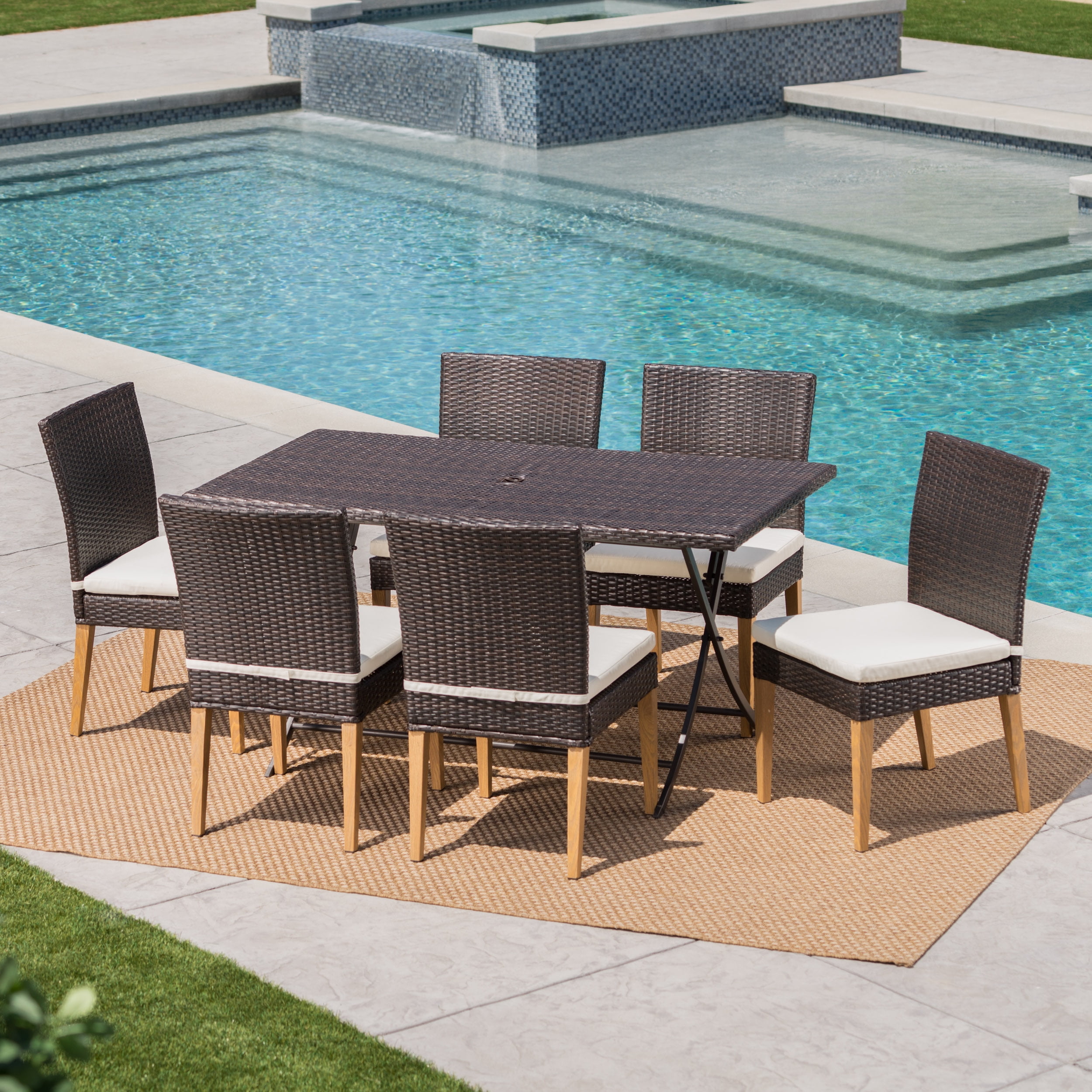 Outdoor 7 Piece Wicker Dining Set with Foldable Table and Chairs with