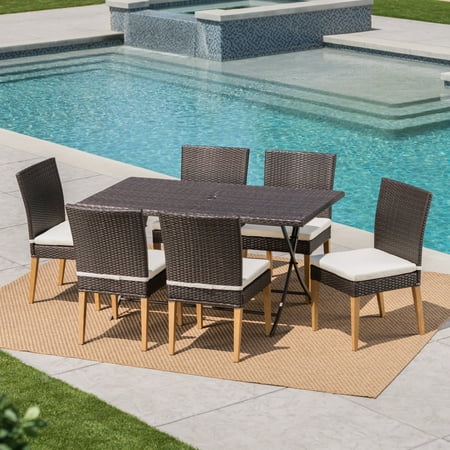 foldable wicker cushions multibrown beige finished chairs legs dining piece metal table outdoor