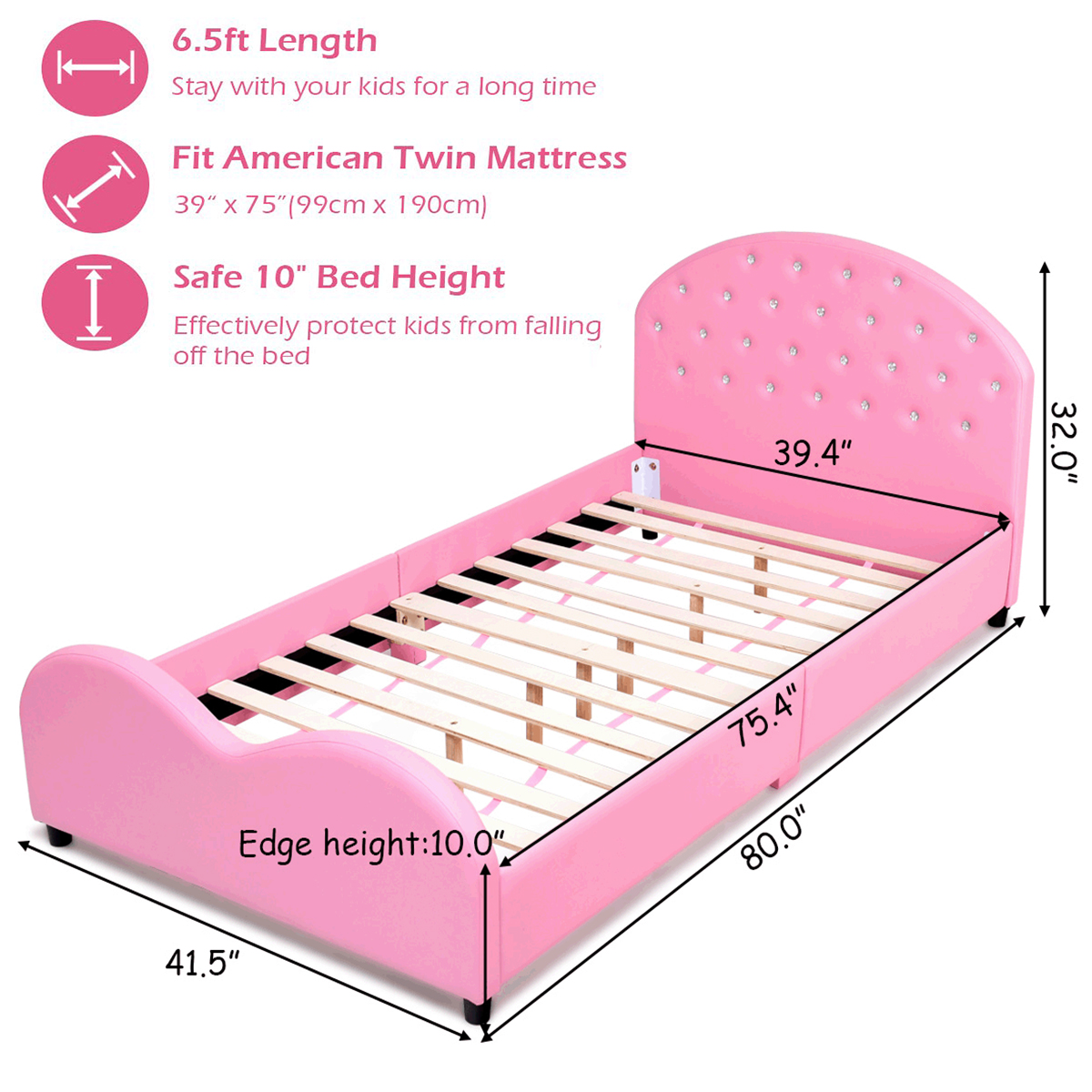 Costway Kids Children PU Upholstered Platform Wooden Princess Bed Bedroom Furniture Pink - image 6 of 9