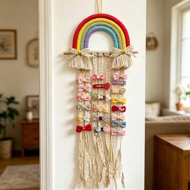 Organizador de Moños para el Cabello de Macramé Multicolor con Borlas de Encaje, Almacenamiento Colgante de Pared para Accesorios Capilares para Habitación de Niñas o Cuarto Infantil, 70 cm de alto