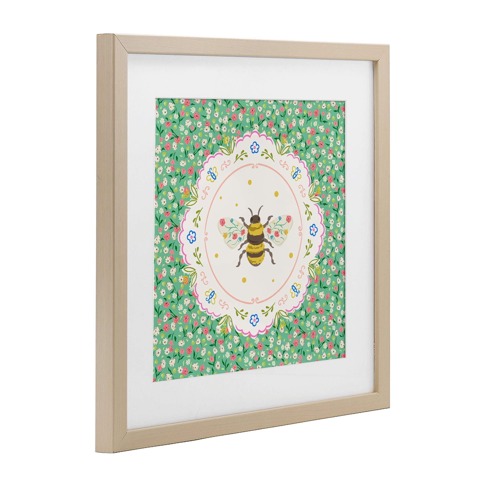 Spring Bee Delicate Florals Birch Framed Print Under Glass, design by Angela Steahling
