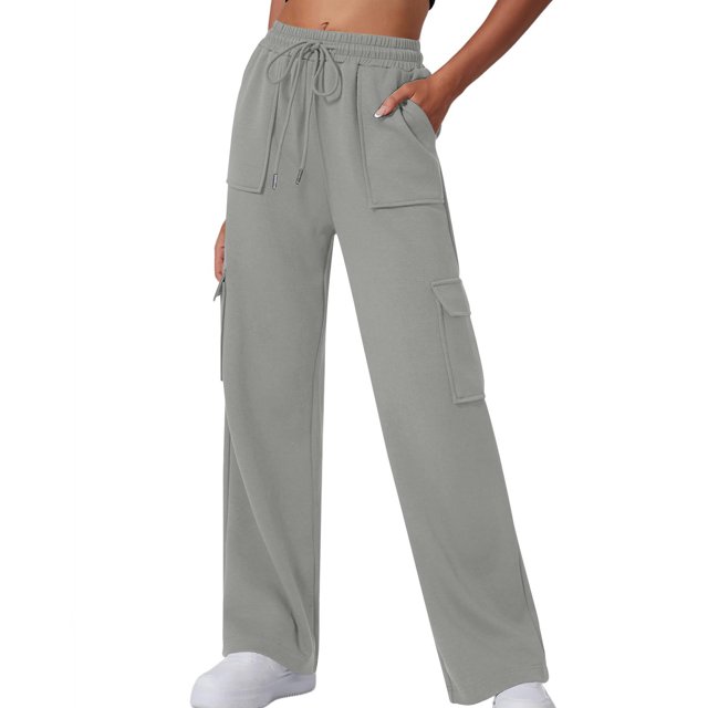 Yuyuzo Womens Cargo Sweatpants Wide Leg High Waisted Elastic Drawstring Fall Joggers Trackpants with Multi Pockets