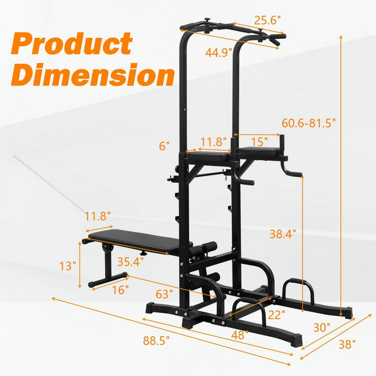 Power Tower with Bench Adjustable Height Pull Up Bar Station with Foldable Weight Bench Multi Function Heavy Duty Fitness Training Equipment 440LBS