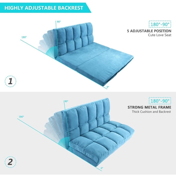 Adjustable Floor Couch Sofa | Foldable 5 Reclining Positions | Includes 2 Pillows | Loveseat for Living Room or Bedroom | Modern Blue