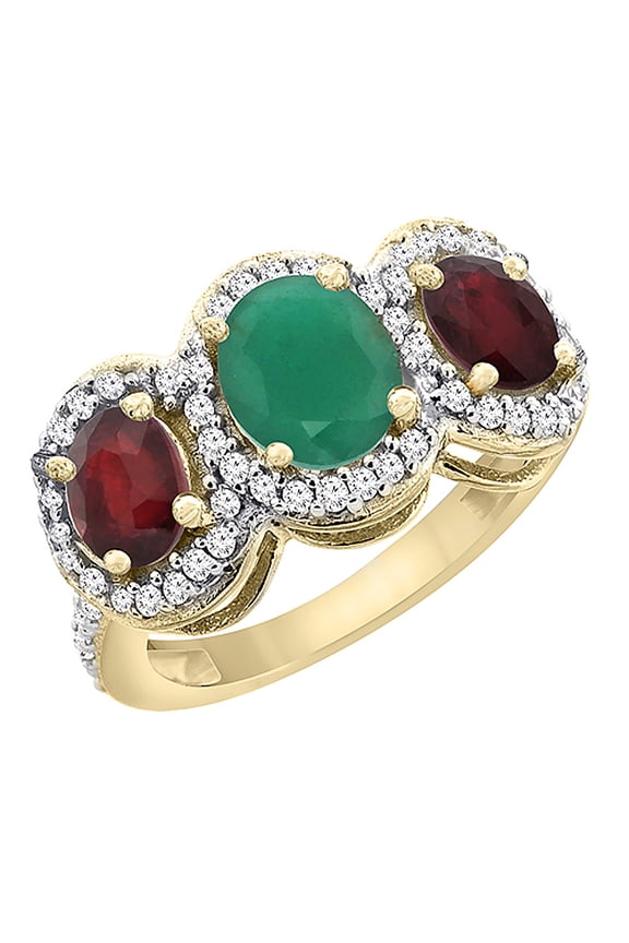 14K Yellow Gold Natural Cabochon Emerald & Enhanced Ruby 3-Stone Ring Oval Diamond Accent, size 10
