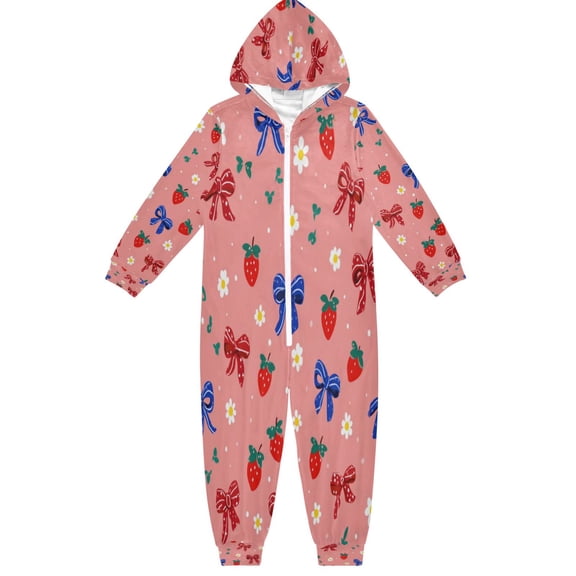 Soft Big Kids Onesie Pajamas Cozy Loose-Fit Jumpsuits for kids with Pockets for Christmas Lounge & Play Bows and Strawberries Pattern