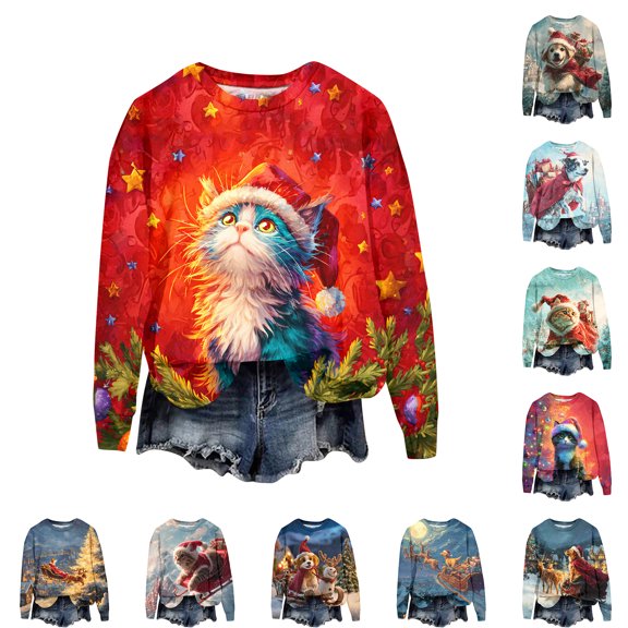 Women's Fashion Christmas Printed Long Sleeve Loose Round Neck Sweatshirt Top, Holiday Themed Fall Winter Wear with Comfort Fit and Soft Material for Daily Use,Blue,L