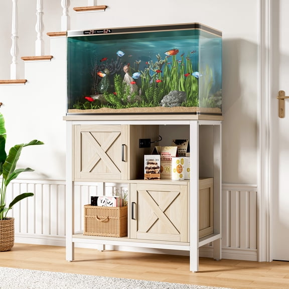 20-29 Gallon Fish Tank Stand with Power Outlet, Farmhouse Aquarium Stand with 2 Cabinets, 20 Gallon Fish Stand with 4 Adjustable Legs, 16.5" L*30.7" W Tabletop (White)