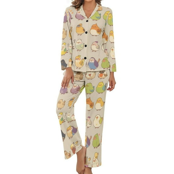 PoBuds Women's Long Sleeve Flannel Pajama Set Sleepwear Cute Bird Cartoon S