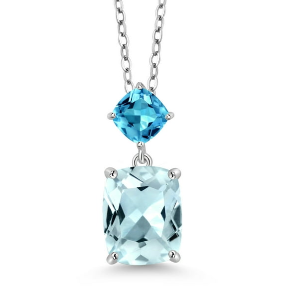 925 Sterling Silver Sky Blue Simulated Aquamarine and Swiss Blue Topaz Pendant Necklace for Women (3.35 Cttw, Gemstone Birthstone, Cushion Cut: 10X8MM and 5MM, with 18 inch Silver Chain)