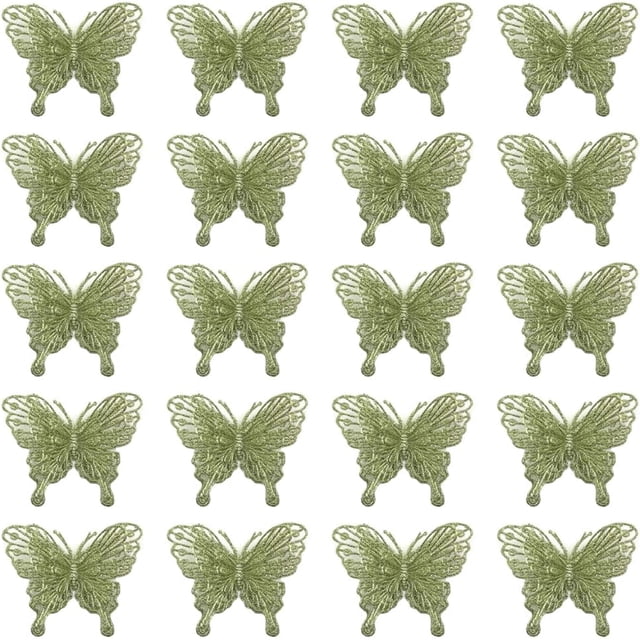 20 piezas de adornos navideños con mariposas brillantes, adornos colgantes para árbol de Navidad con mariposas brillantes en 3D, decoración de mariposas artificiales huecas con clips y tallos para cor