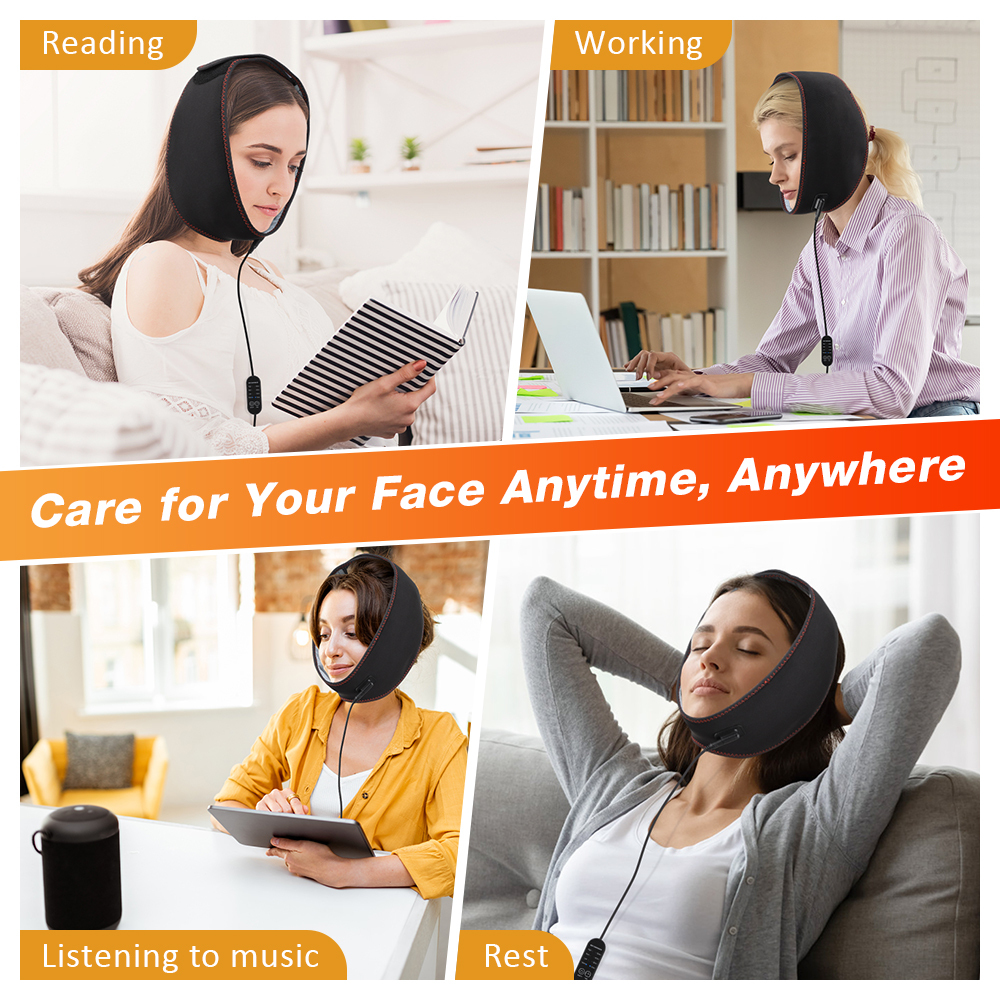 Face Heating Pad, Wearable Electric Heating Bandage, Heated Face Mask, Reusable V Line Mask, 4-gear Heating and 4 Timing Settings and Auto Off, Machine Washable for Face Jaw Chin, Black