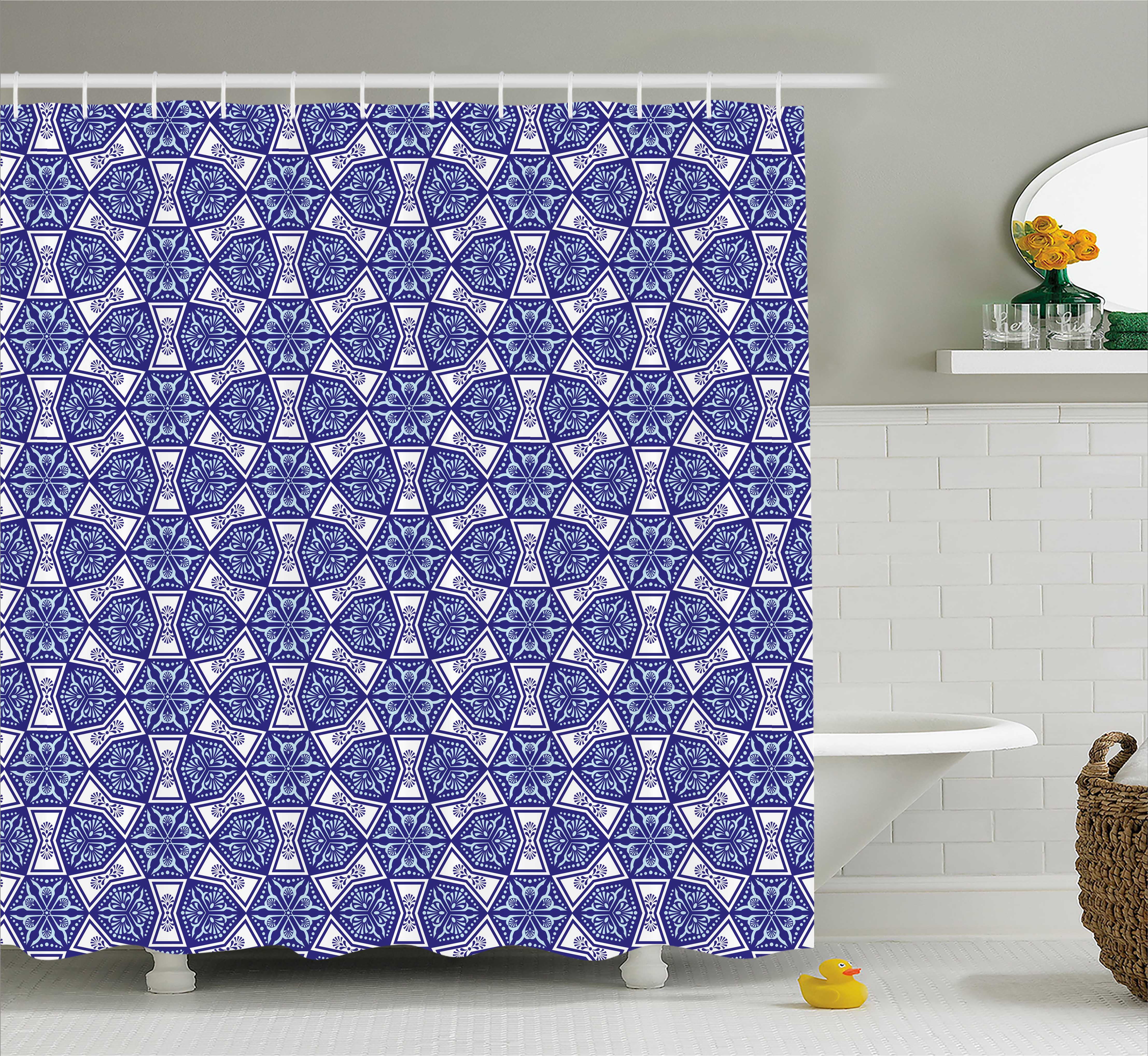 Indigo Shower Curtain, Indian Oriental Design with Flower Leaves Rectangular Shaped Image