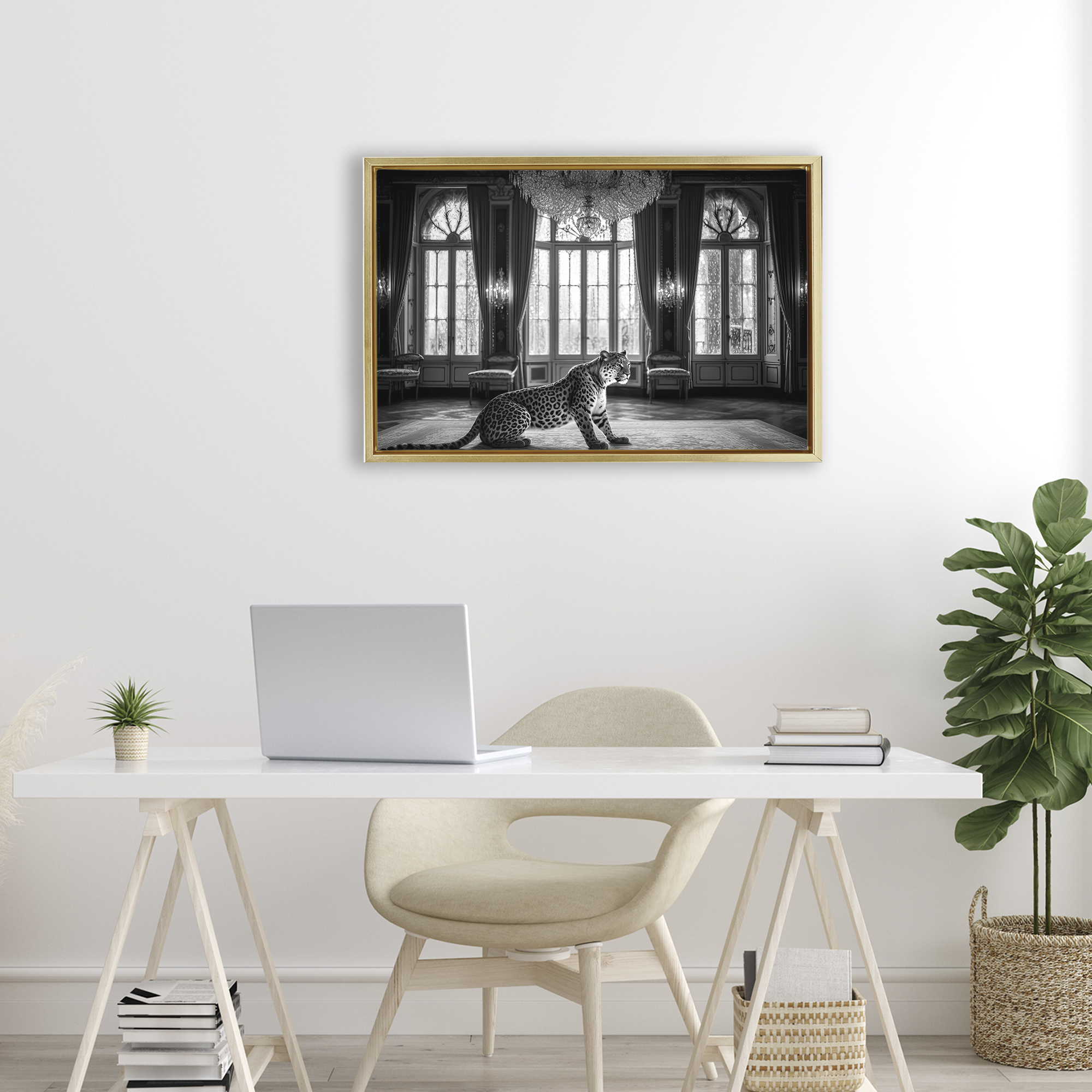 Snow Leopard in Opulent Mansion Gold Framed Floater Canvas Wall Art, design by Decent Exposures