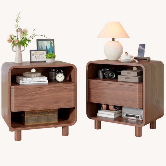 Mid Century Night Stand Set of 2 with Drawer, Modern Nightstand w/Open Shelf for Bedroom, Large End Table for Living Room, Curved Edge, Walnut