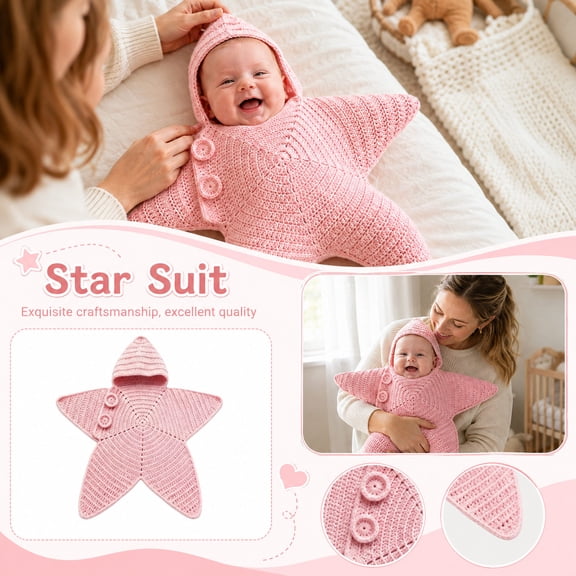 Crochet Star Baby Sleepsuit Pink Newborn Knitted Star Bodysuit with Hat Button Detail