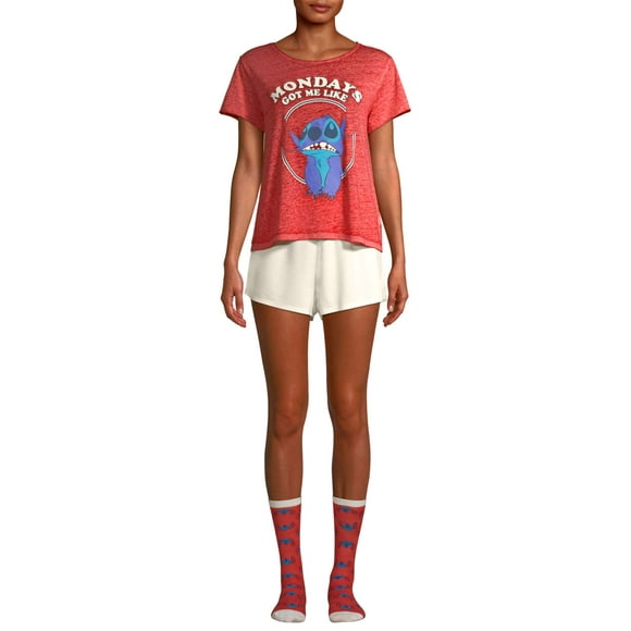 Disney Women's Stitch Mondays Got Me Like 3 Piece Short Pajama Set, (Size X-Large, Red Multi)