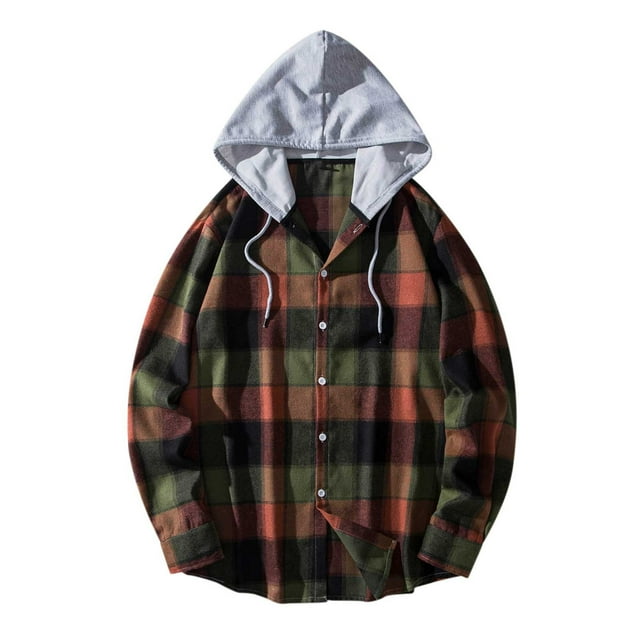 Birdeem Men Casual Turndown Long Sleeve Button Closure Plaid Print Hooded Shirt