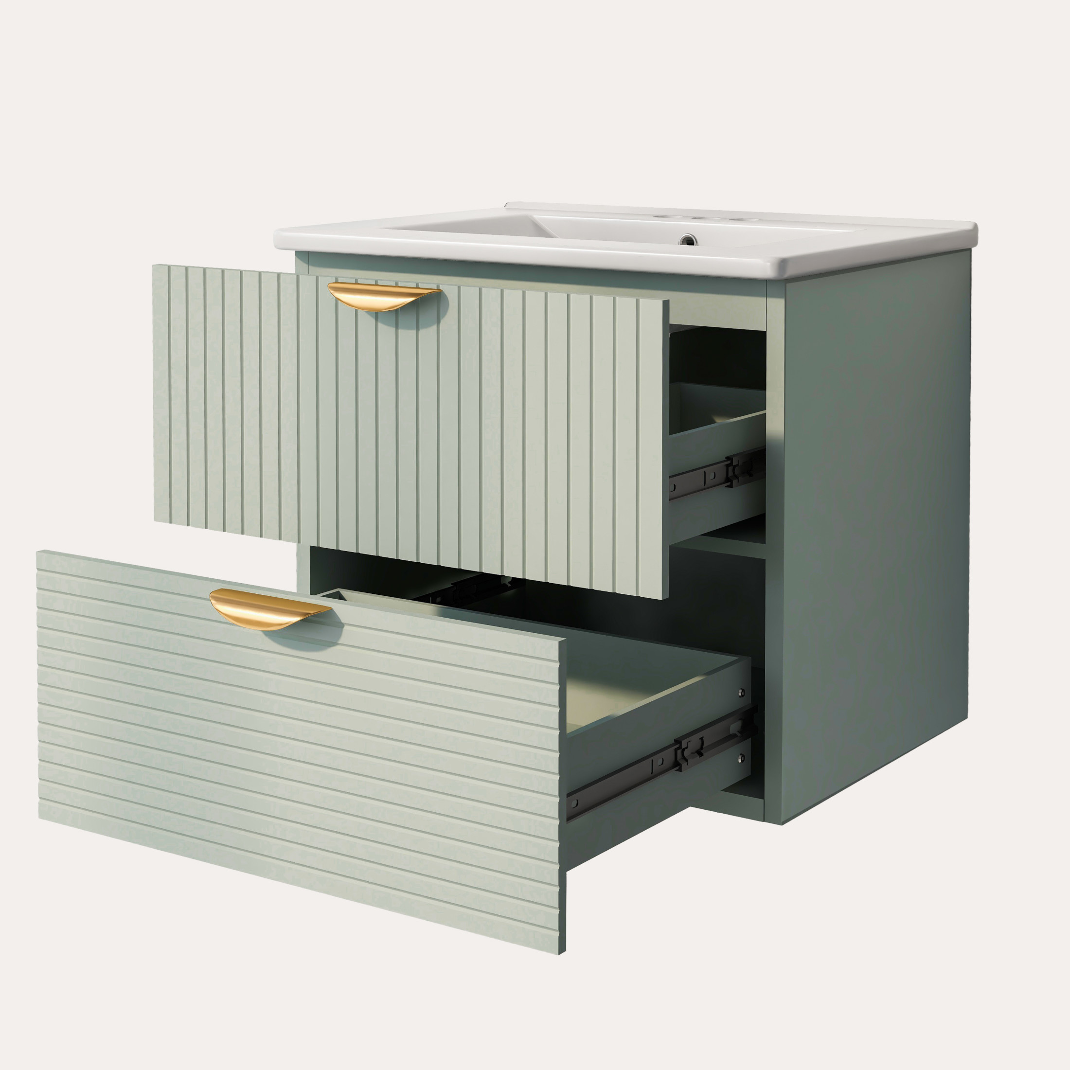 Noble House 48" Wall-Mounted Bathroom Vanity Set of 2, Double Ceramic Sinks, 4 Drawers & Gold Handles, Green
