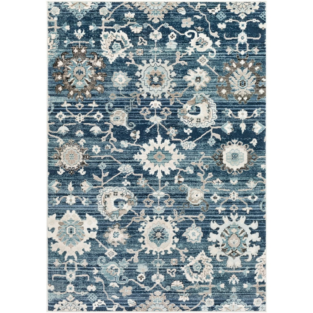 2' x 3’ Floral Motif Blue and Ivory Rectangular Area Throw Rug