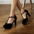 thumbnail image 2 of Platform Mary Jane Heels for Women T-Strap Pumps with Bow Chunky Heels Comfortable Wedding Leather Dress Shoes Black Size 8.5, 2 of 4
