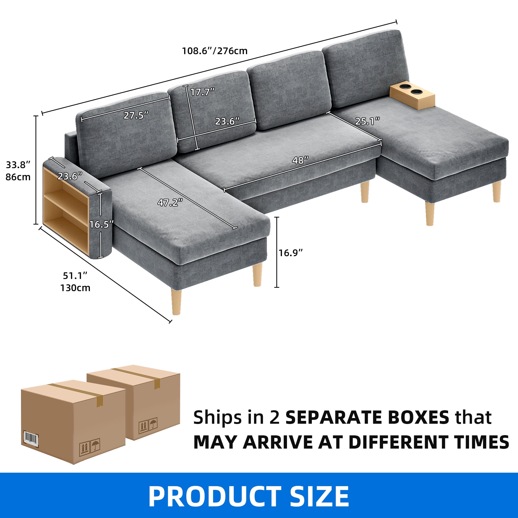 Uforic 109'' U-Shaped Sectional Sofa with Double Chaise, Storage, Cup Holder, 4 Cushions, Light Gray