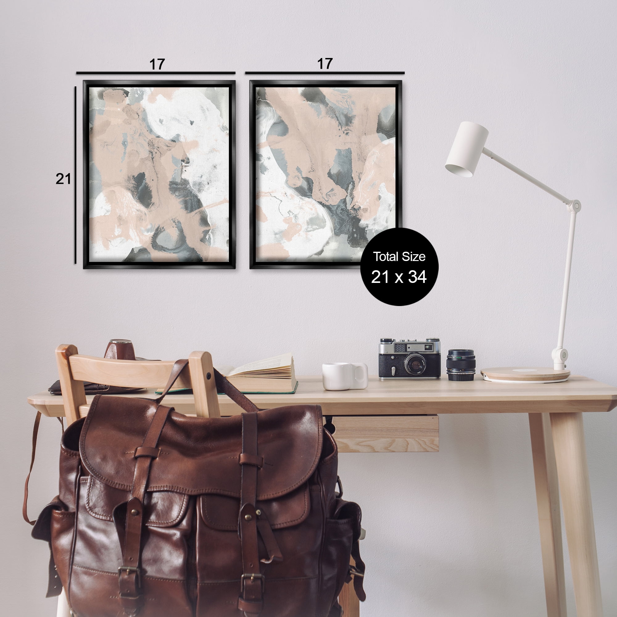 Stupell Industries Beige & Gray Splashes Abstract Painting Black Floater Framed Canvas Art Print Wall Art, 17 x 21, Set of 2