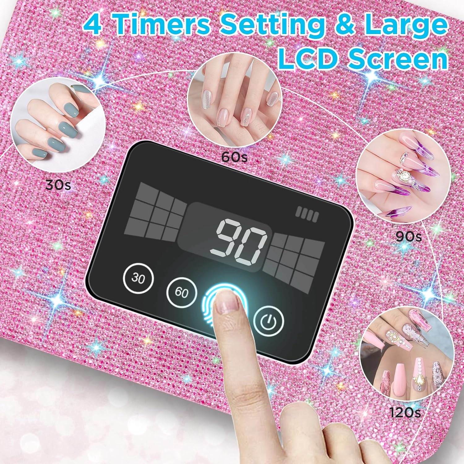 Cordless UV Nail Lamp, 120W Rechargeable UV Light for Gel Nails, LED Nail Lamp with 4 Timer Modes, Nail Dryer Fully Decorate with Sparkling Nail Rhinestones Diamond(red)