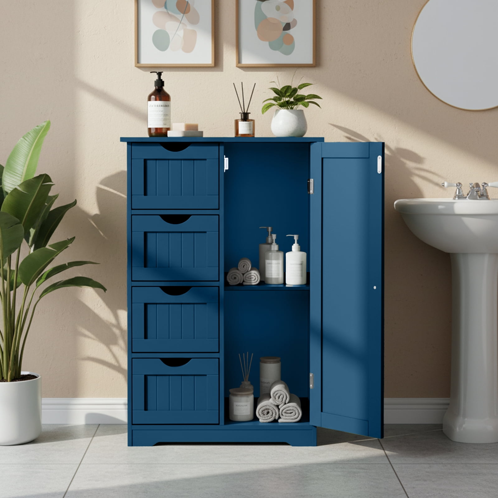 Ktaxon Wooden Bathroom Floor Cabinet, Side Storage Organizer with 4 Drawers, 1 Cupboard & 2-Shelves, Navy Blue