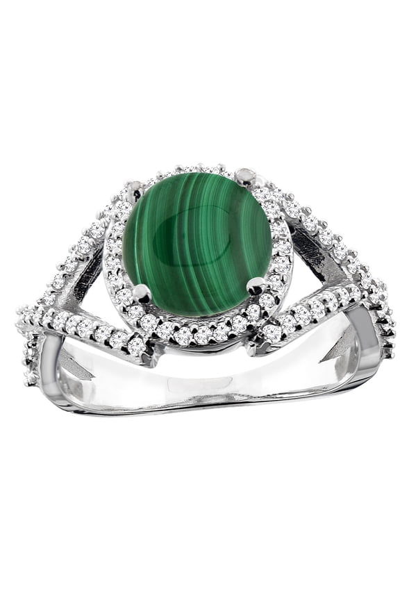 10K White Gold Natural Malachite Ring Round 8mm Diamond Accent, size 5